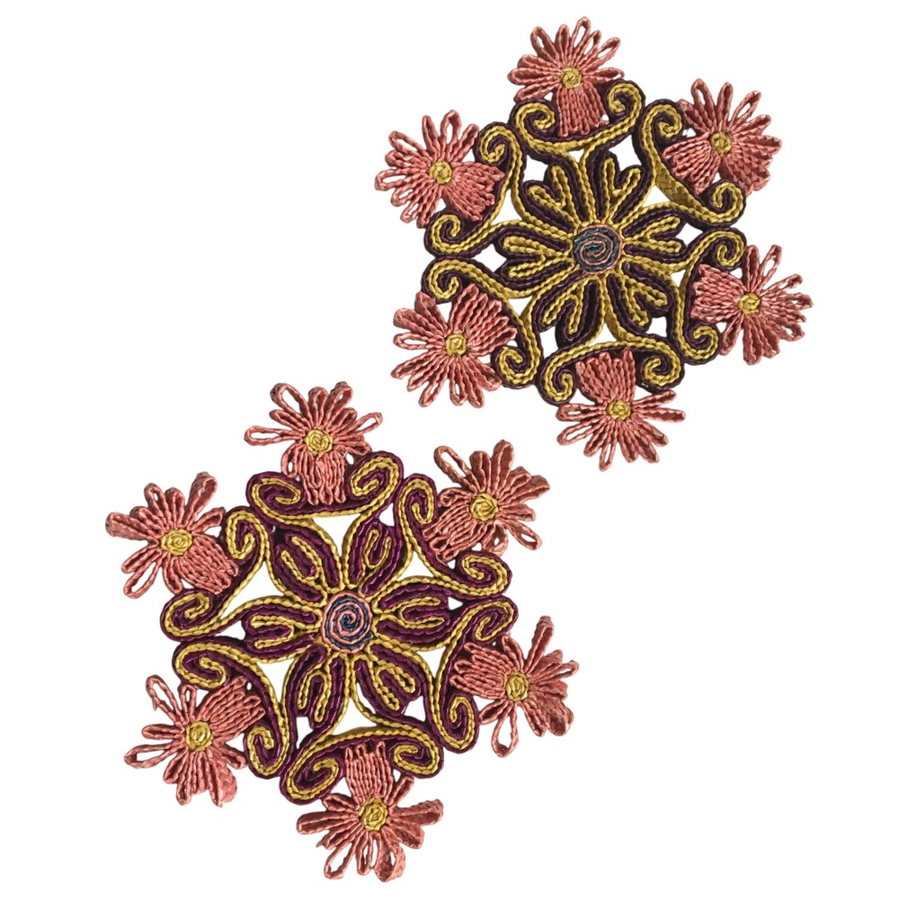 Set of 2 Handcrafted Raffia Floral Trivit‎ Doilies Pink Yellow Purple Vintage